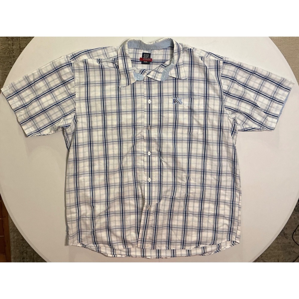 Y2K VTG Mecca Mens Blue White Plaid Short Sleeve Button Up Shirt Logo 3XL